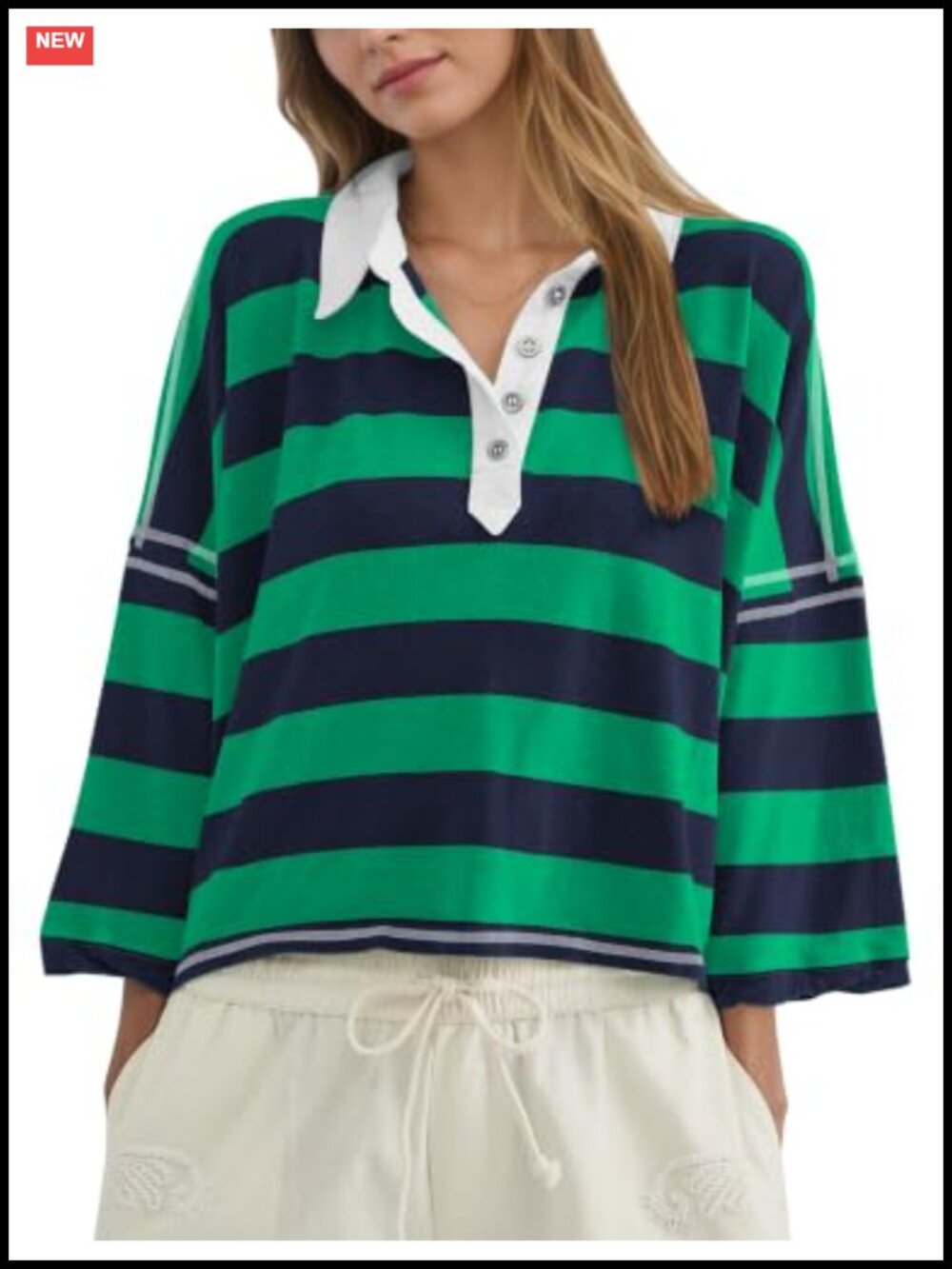 Oversized Striped Polo Shirt 3/4 Sleeve Cropped Boxy Tee Button Front